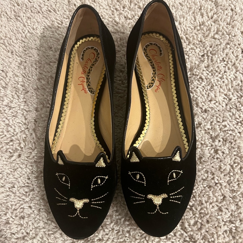 Charlotte Olympia Black Velvet Kitty Flats 38.5